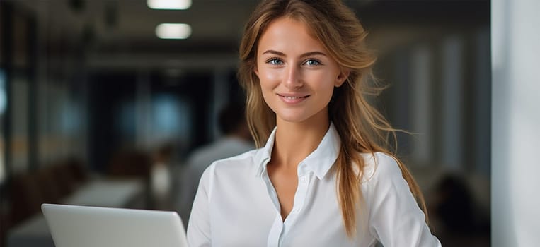 Photo of a young smiling business woman in a light jacket with a computer in her hands. against the background of a blurred image of the office