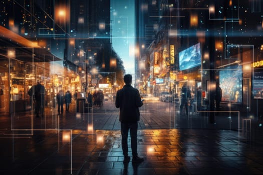 silhouette of a man standing on a futuristic street permeated with an electronic network. electronic communications. business technology concept. Social network.