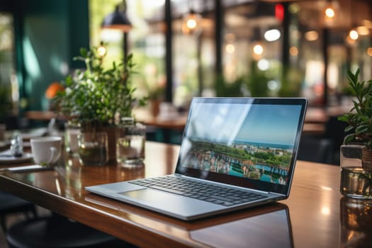 Open laptop with blank screen, cup, plant and office supplies on wooden table.