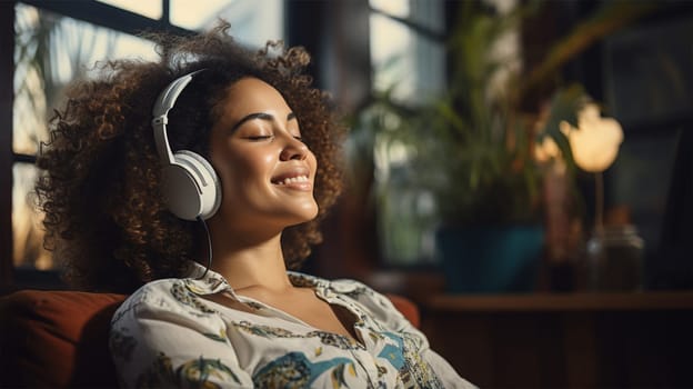 Young beautiful African American woman in headphones smiles and listens to music with pleasure and pleasure