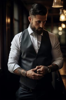 Portrait of the groom. The groom is preparing to meet his soulmate. Photo session of a young businessman.