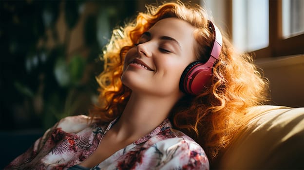 Calm young Caucasian woman listening to music on wireless headphones, relaxing at home. Beautiful millennial woman relaxing with closed eyes and enjoying audiobook or music