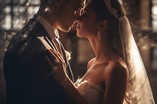 luxurious stylish young bride and groom against the background of a blurred image of the room. A tender moment between the newlyweds. wedding