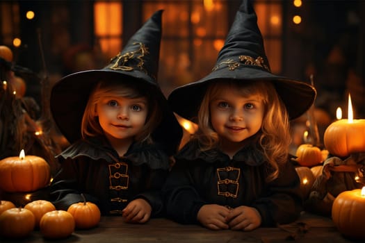 little witches in costumes and hats with candles and pumpkins at the table at night on Halloween, children's Halloween, dark background