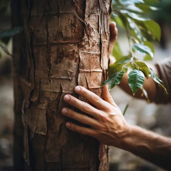 Close-up of a man's hand touching a large tree. The concept of protecting nature and combating deforestation