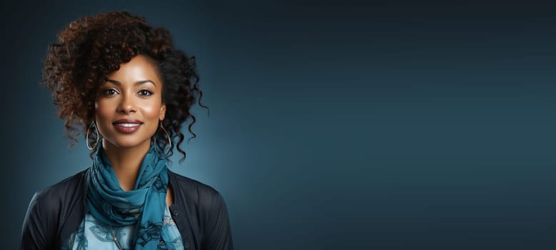 Portrait of a black african woman, business manager, representative for company, blue studio background