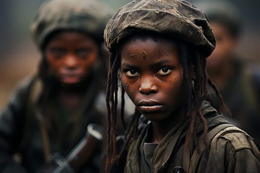 Child soldier, black african boy with dreadlocks in a group with other children, military army clothes and guns