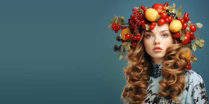 Portrait of a woman with fruit in her hair, like red currants and apples, healthy eating, harvest in the autumn