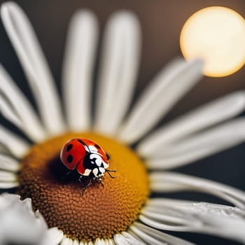 marin beetle sits in the yellow pollen of a daisy with white petals. Macro shot of an insect