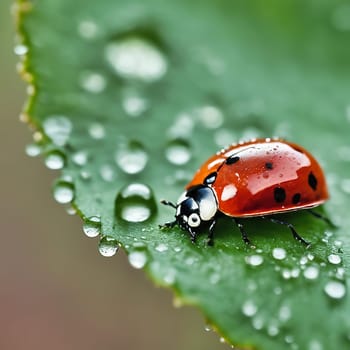 marin beetle sitting in the green leaf with dew drops. Macro shot of an insect in the garden