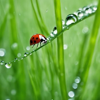 marin beetle sitting in the green blade of grass with dew drops. Macro shot of an insect in the garden