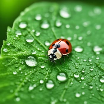marin beetle sitting in the green leaf with dew drops. Macro shot of an insect in the garden