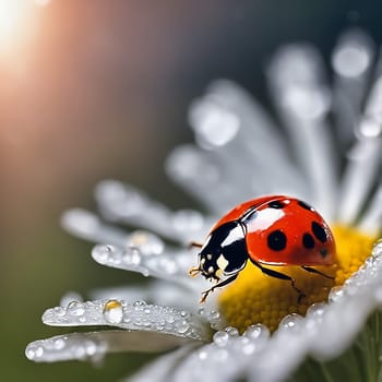 marin beetle sits in the yellow pollen of a daisy with white petals that have dew drops. Macro shot of an insect