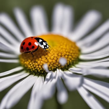 marin beetle sits in the yellow pollen of a daisy with white petals. Macro shot of an insect