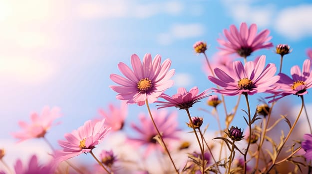 Closeup on purple daisy flowers with blue sky background. Bottom view of daisies, blue sky and sunlight.AI generated
