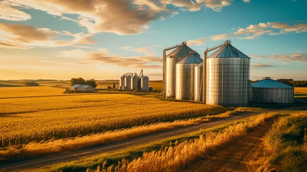 Aerial view of grain silos at a small farm with a farmer's house and barn.  Farm landscape with silos on a sunset time. AI generated