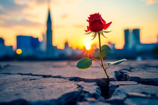 Beautiful red rose growing from a crack on a city square, cityspace scenery on background. AI generated