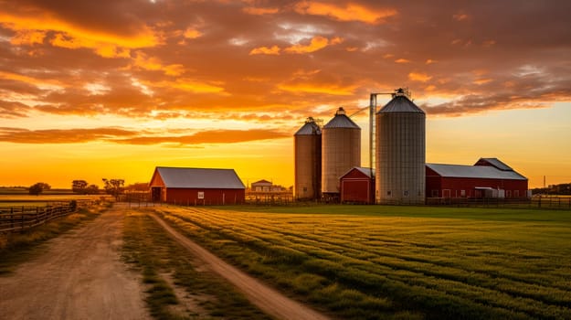 Grain silos at a small farm with a red house and barn.  Farm landscape with silos on a sunset time. AI generated