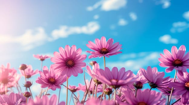 Closeup on purple daisy flowers with blue sky background. Bottom view of daisies, blue sky and sunlight.AI generated