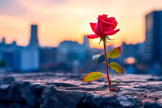 Beautiful red rose growing from a concrete crack , cityspace scenery on background. AI generated