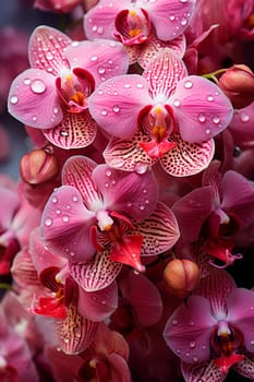 Lots of purple orchids. Floral background of tropical orchids. Close-up view. AI generated