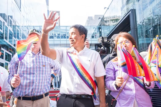 Bangkok, Thailand - JUN 4, 2023 Siam Center The World of Freedom and Pride 2023, The short action and atmosphere of Governor of Bangkok in the event.