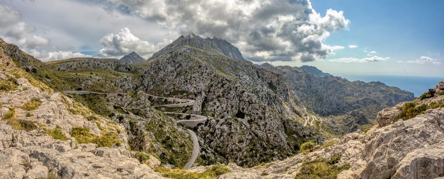 Mirador Coll de Reis, Nudo de Corbata, Serra de Tramuntana mountain, Balearic Islands Mallorca Spain. Travel agency vacation concept.
