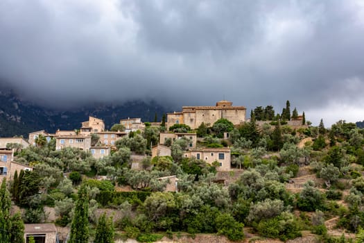 Historic center of Deia, municipality and small coastal village in Serra de Tramuntana. Architectural treasures, historic center and its Mediterranean architecture. Balearic Islands Mallorca Spain.