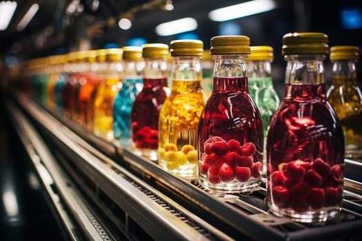 Juice bottles with fruit on a conveyor belt, beverage factory operates a production line, processing and bottling drink