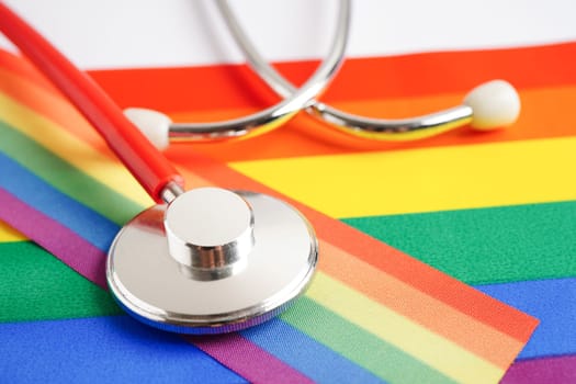 LGBT symbol, Stethoscope with rainbow ribbon, rights and gender equality, LGBT Pride Month in June.