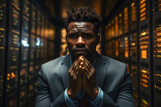 Young African American man with a stressed face Work diligently in a large server room. The digital world is changing rapidly all the time, he was one of the people who helped make that change happen.