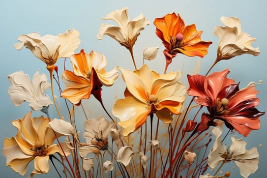 Allustrait pictures of many long-stemmed flowers, warm tones, look warm, light orange, dark orange, brick color, light yellow, creamy white, like dried flowers. light blue background.