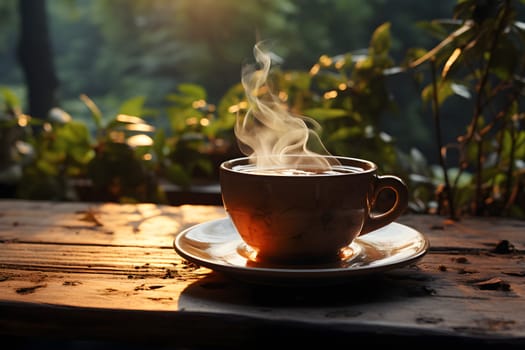 Hot coffee, white smoke indicates the heat of the coffee. On a wooden counter amidst nature The light hits the beautiful wooden surface. Create a feeling of warmth and comfort. It was a very pleasant.