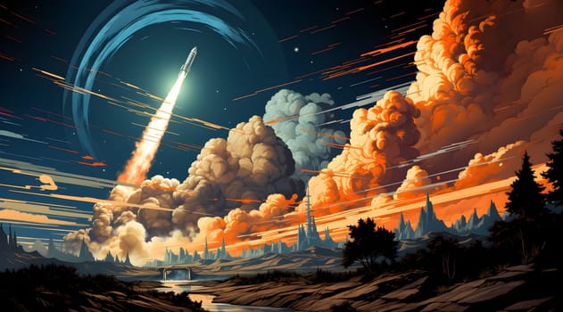 A digital drawing showing a large rocket taking off into the sky. The rocket was large and powerful, with white smoke billowing from its engines. Evoking a sense of ambition and progress.