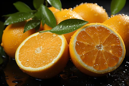 Close-up view of a pile of oranges sitting on top of each other. The oranges are all ripe and juicy, with a bright orange peel and a sweet, tangy aroma. The topmost orange has been sliced in half.
