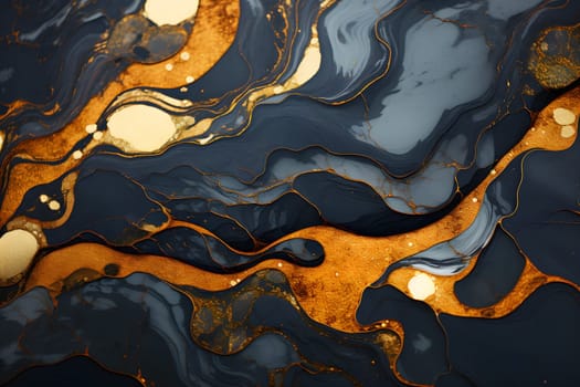 Black and gold marble texture with waves and bubbles. The marble surface is shiny and reflective. It creates a feeling of luxury and elegance. These patterns are realistic and lively.