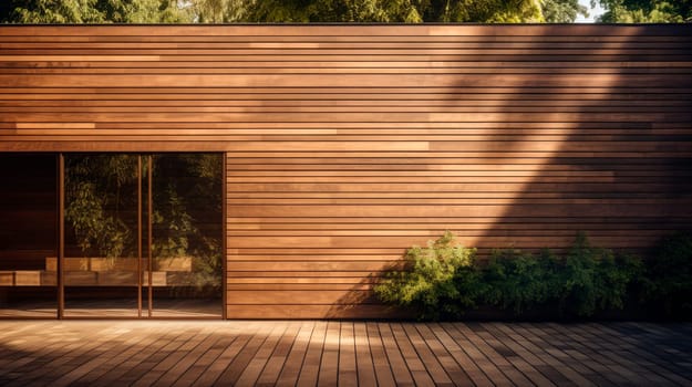 Modern walnut colored wooden house wall outside. Panorama of house exterior with wooden wall and decorative plants.AI generated