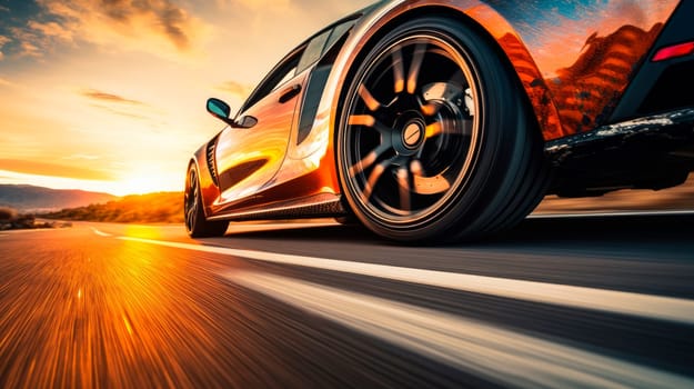 Sports car driving at the sunset. Red sport car on the asphalt road with motion blur. AI generated