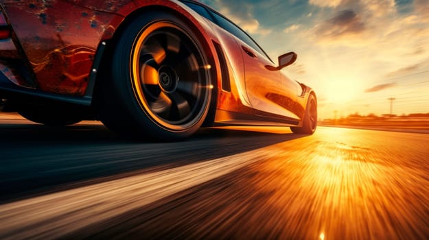 Sports car driving at the sunset. Red sport car on the asphalt road with motion blur. AI generated