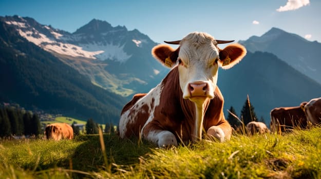 Cow lying down on a mountain pasture summer, panoramic view with mountain range. AI generated