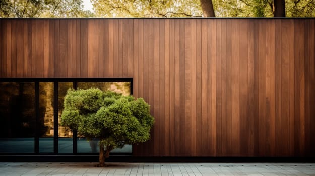 Modern walnut colored wooden house wall outside. Panorama of house exterior with wooden wall and decorative tree.AI generated