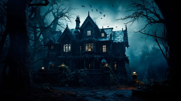 Haunted house in a dark forest at night. A creepy haunted house with a weathered, vintage look for Halloween and other spooky occasions.AI generated