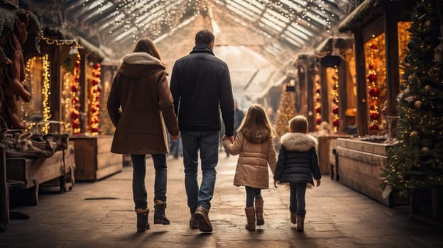 a family goes spending time at a traditional Christmas market on a winter evening. parents and children have fun in a christmas town decorated with lights.