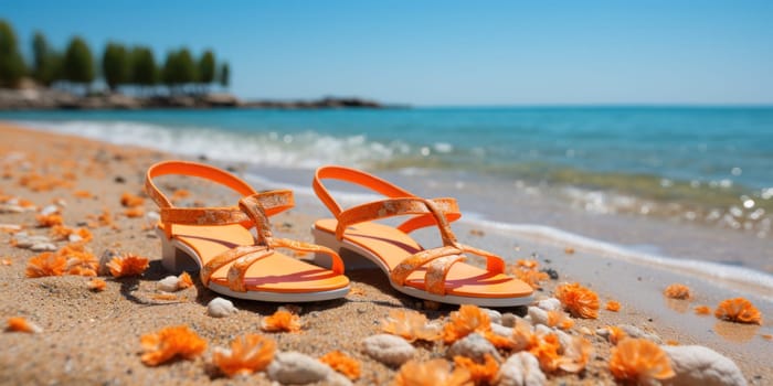 orange sandals on the beach near the water on a hot day.travel and vacation concept