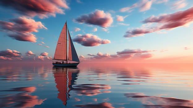 Lonely yacht sailing on the sea at an amazing sunset. Sailing luxury yacht with white sails in the sea.