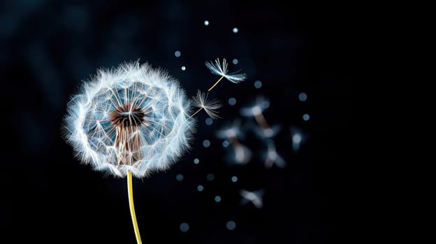 background White dandelion with flying seeds in the wind on a dark blue background. copy space