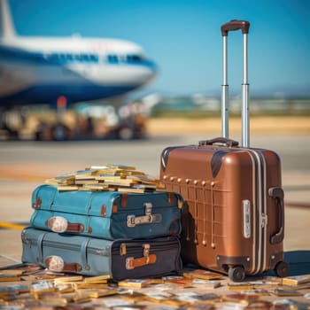 suitcases with bundles of money on the airfield runway against the background of a blurry image of an airplane