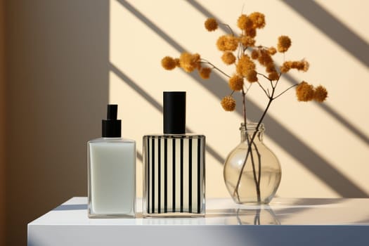 Cosmetic glass bottle of luxury product black and white design on graphic background. product presentation, demonstration of cosmetic products. Modern stylish bottle