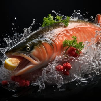 red fish among pieces of ice with cranberries, lemon and herbs, product freshness and high quality.