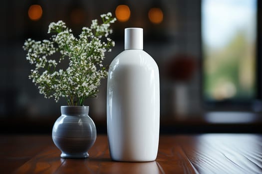 mockup of a white container for cosmetic products on a wooden table with copy space. eco friendly products for your design and label. Natural, clean cosmetics concept